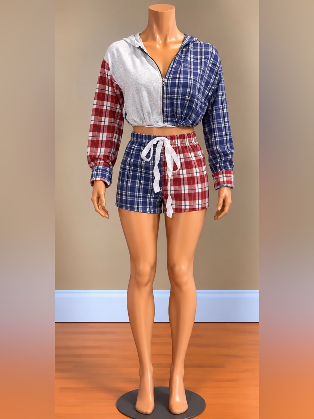 SUGAR POPPED Red Blue Plaid Patchwork Cropped Hoodie Shorts 2 Piece Set S NWT